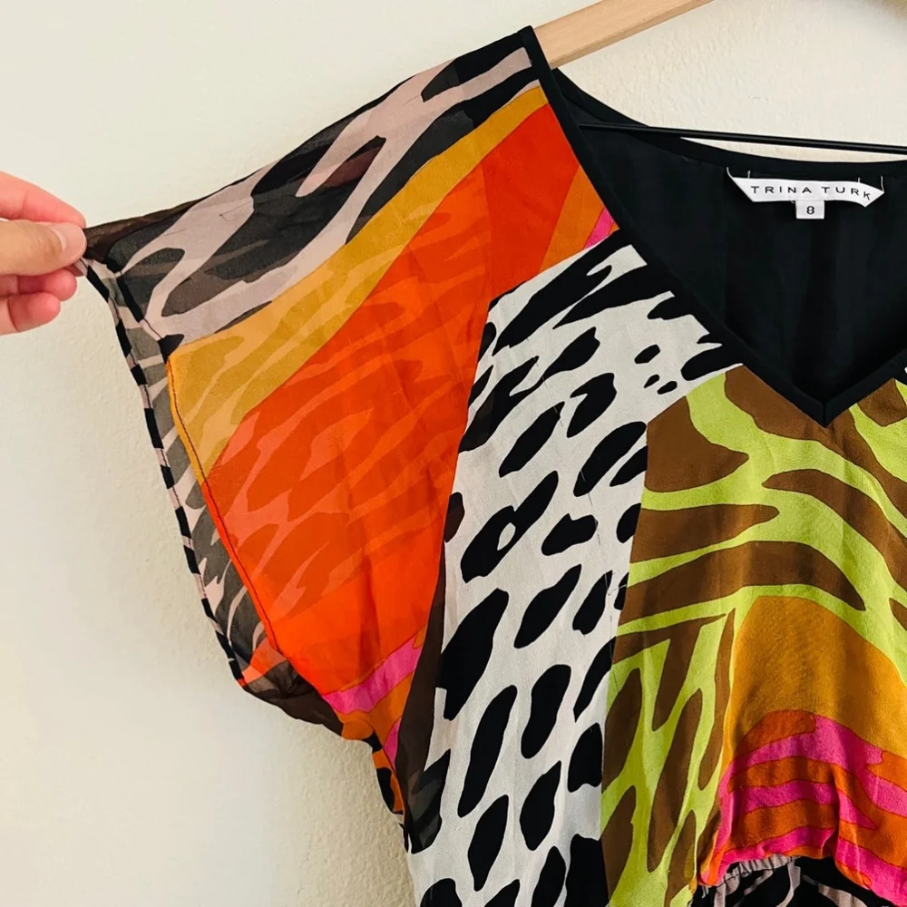 Trina Turk Women's Orange/Black Animal Print Silk Midi Dress Size 8 - Picture 4 of 7